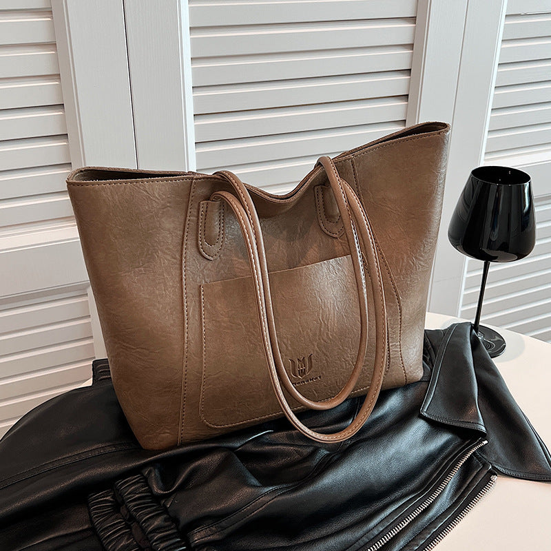 Casual Retro Textured Shoulder Tote Bag – Stylish Classy Commuter Handbag