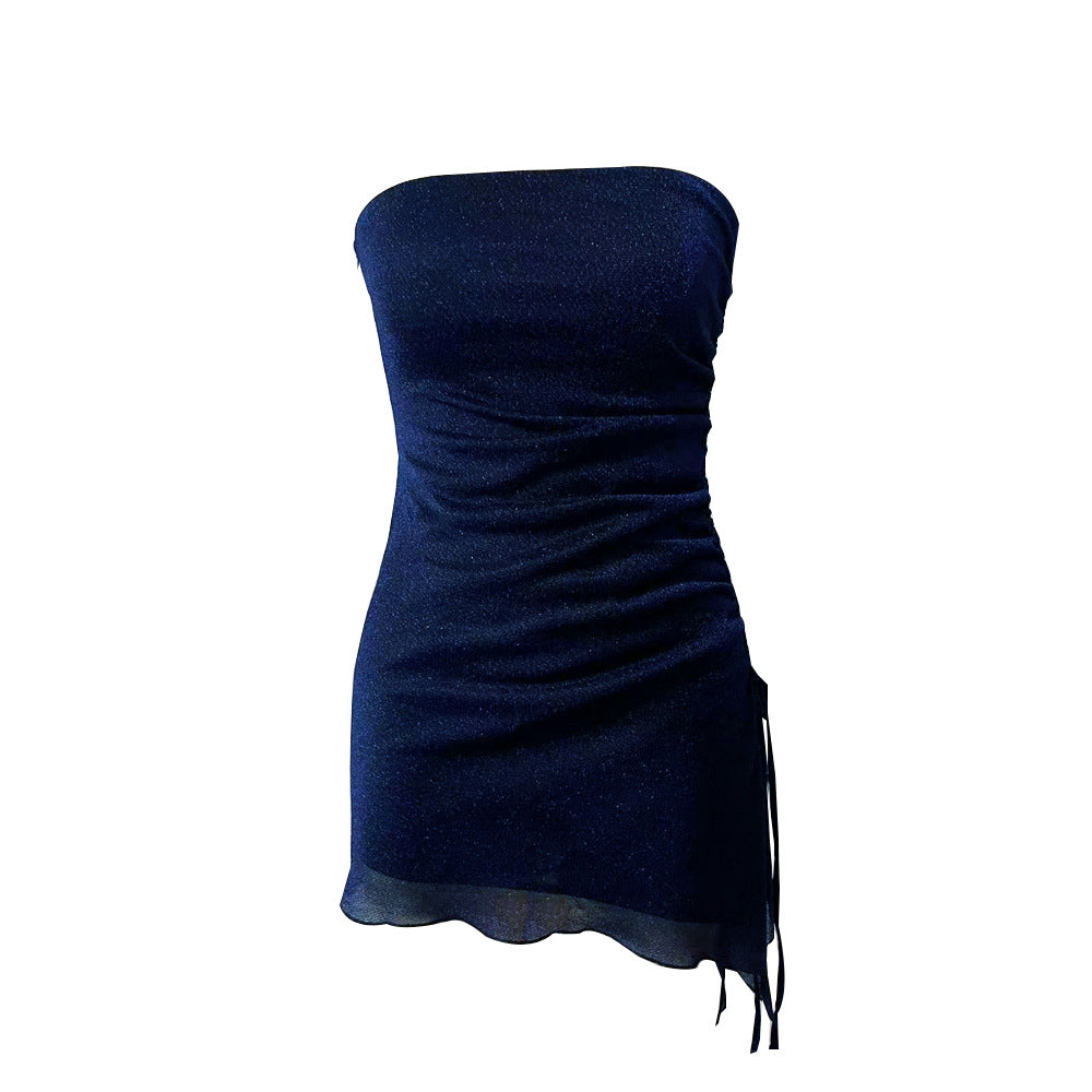Ins Tube Top Dress With Drawstring Design Summer Backless Dresses For Women Party Club Clothing